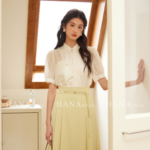 HN 新中式改良衬衫女2024夏新款韩版短袖设计感立领衬衣潮H16568