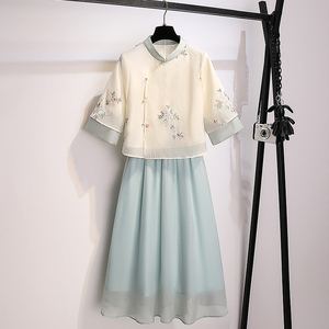 新中式民国风汉服女成人两件套2024夏装款改良日常刺绣旗袍连衣裙