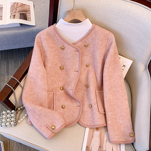 玫瑰粉色双面绒短款外套女2023初秋冬季新款小款羊毛呢子小款大衣