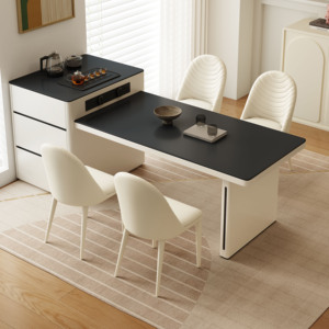 奶油风岛台餐桌一体可伸缩家用多功能小户型轻奢黑色岩板中导台