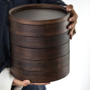 草木祠 碳化竹茶饼盒普洱茶饼储存收纳盒罐可叠加多层茶饼包装盒