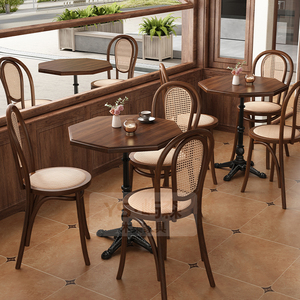 美式复古实木咖啡桌北欧中古铁艺方桌八角桌餐桌奶茶甜品店餐饮桌