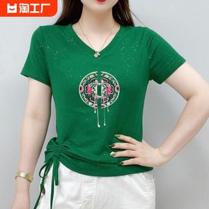 新中式国风大码夏装短袖t恤修身上衣服女士纯棉鸡心领半袖体恤衫