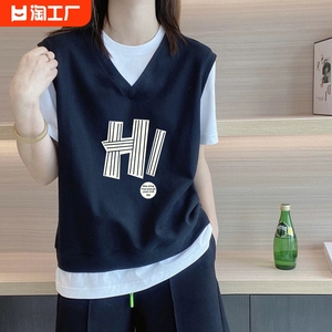小众设计感撞色拼接假两件短袖t恤女夏季韩版宽松显瘦百搭上衣潮