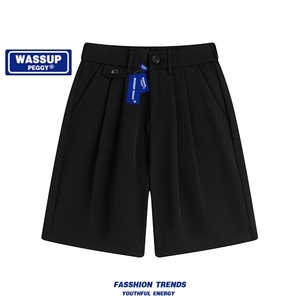 WASSUP PEGGY黑色西装短裤男夏季薄款休闲中裤冰丝西裤宽松五分裤