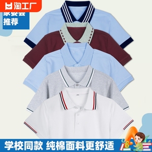 高中生校服短袖套装白色T恤初中枣红色男女polo衫天蓝色班服翻领