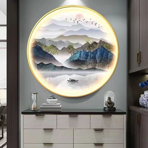 入户玄关装饰圆形led带灯挂画走廊茶室背景墙壁画新中式山水风景