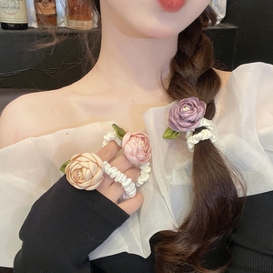 超仙粉色玫瑰花发圈2023新款高端头绳花朵发夹可爱扎头皮筋发饰