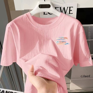 纯棉短袖t恤女夏季新款甜美简约粉红色中长款大码休闲圆领打底衫