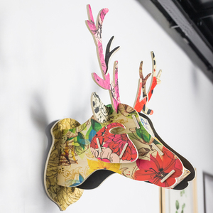 轻奢时尚背景墙木质招财麋鹿头壁挂美式创意墙上装饰品立体挂件
