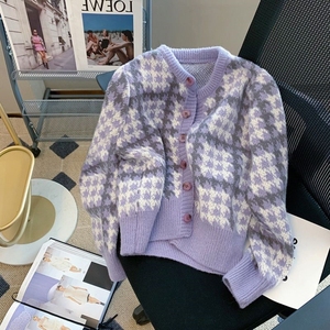 短款紫色格纹针织开衫女春2024新款慵懒风高级感千鸟格毛衣外套