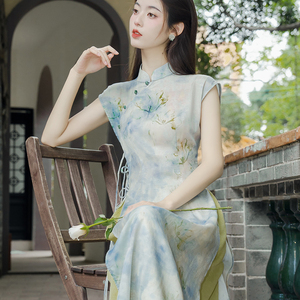 新中式改良旗袍连衣裙茶服收腰女两件套夏日气质穿搭套装修身长裙