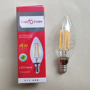 开尔照明4W LED蜡烛泡透明尖泡玻璃E14小螺口黄光拉尾灯丝灯暖白