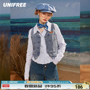 【明星同款】UNIFREE牛仔马甲女美式复古辣妹短款修身v领无袖坎肩