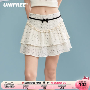 UNIFREE芭蕾风波点半身裙新款法式a字版显瘦小个子蛋糕裙百褶短裙