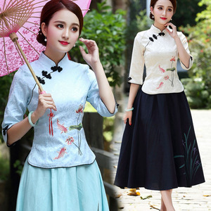 春夏改良旗袍两件套日常复古唐装时尚中国民族风短款中式汉服上衣