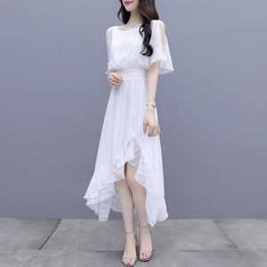 白色法式雪纺连衣裙女2024新款夏季气质露肩收腰不规则显瘦长裙仙
