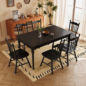 美式复古实木餐桌椅组合家用小户型长方型桌法式网红黑色餐厅饭桌