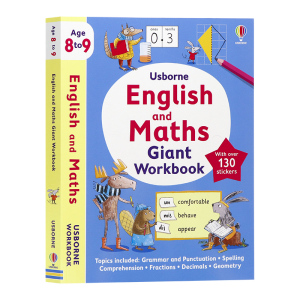 尤斯伯恩趣味学英语学数学8到9岁 Usborne English and Maths Giant Workbook 英文原版 5合1练习基础启蒙赠贴纸进口图书英文读物