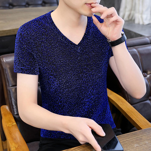 夏季新款男士V领薄款t恤韩版修身网纱镂空打底衫亮丝个性短袖上衣