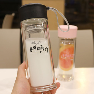 简约双层玻璃杯过滤花茶杯韩国复古水杯女情侣清新便携文艺柠檬杯