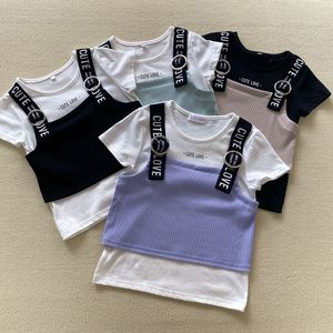 120-160码 外贸日单夏季童装女童中大童假两件拼接款短袖T恤