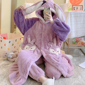 珊瑚绒睡袍女冬长款加绒加厚可爱兔子秋冬季浴袍外套毛绒睡衣套装