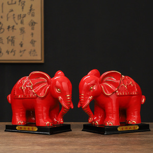 红色陶瓷吸水大象摆件一对吸财小象客厅阳台家居装饰品玄关摆设品