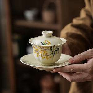 釉下彩手绘枇杷三才盖碗草木灰功夫茶具单个高档女士家用茶杯公杯
