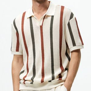 2024夏季粗针镂空针织衫男士条纹撞色毛织休闲Polo衫Men T-Shirt