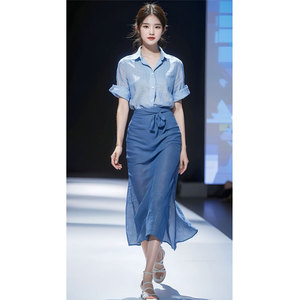 蓝色薄款防嗮衬衫套装裙女夏盐系轻熟两件时尚夏天穿搭一整套韩系