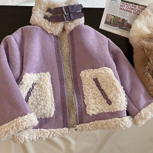 韩版童装冬款 2022女童紫色鹿皮绒羊羔毛皮毛一体保暖外套