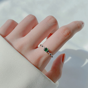 925纯银小方糖戒指女2022年新款潮绿色复古可调节方块食指戒指环