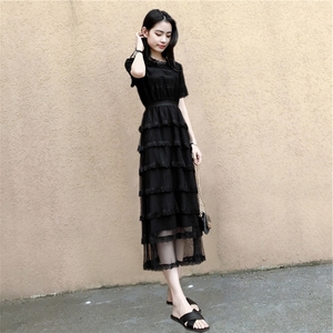 蛋糕长裙2023夏装新款蕾丝拼接裙很仙的法式黑色气质圆领连衣裙女