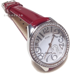 盖尔斯GUESS手表正品红色表带镶钻女表白色表盘时尚女款石英腕表