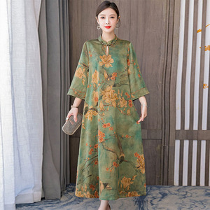 杭州女装品牌桑蚕丝香云纱高端大码重磅真丝连衣裙中长款中年妈妈