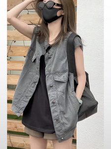 夏季韩版设计感时髦复古水洗牛仔马甲百搭休闲薄款无袖长款外套女