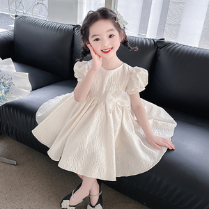 女小童夏季短袖珍珠公主裙2023新款米白色超仙气蓬蓬网纱公主裙子