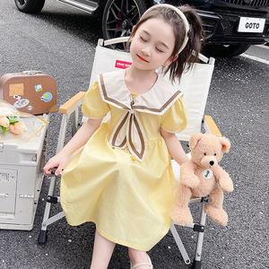 女小童夏季海军风棉布连衣裙女宝宝1岁洋气2百搭3薄款4黄色公主裙