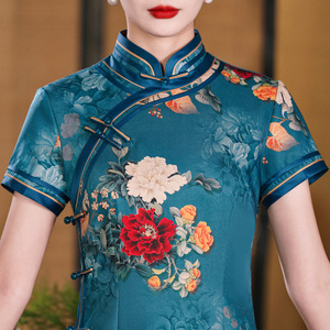 新中式蓝色丝绸旗袍长款大码改良胖mm日常修身气质短袖连衣裙女夏