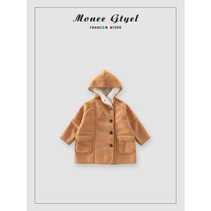 法国MoneeGtyel女童鹿皮绒外套2024冬装新款宝宝加绒加厚连帽大衣