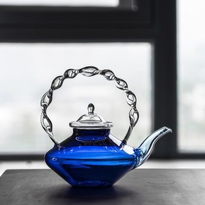 克莱因蓝玻璃煮茶壶耐高温可加热日式简约扭纹提梁壶耐热玻璃泡茶