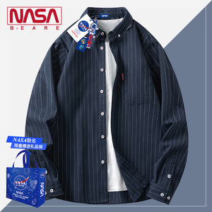 NASA联名春季港风复古条纹长袖衬衫男士上衣情侣休闲衬衣宽松外套