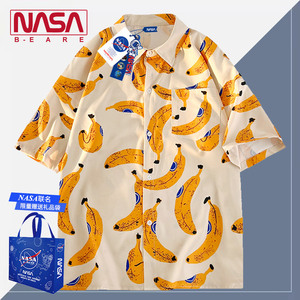 NASA联名古巴领海边花衬衫男短袖夏季薄男款冰丝休闲衬衣外套寸衫