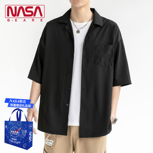 NASA联名冰丝短袖衬衫男款夏季潮牌黑色半袖寸衫休闲宽松痞帅衬衣