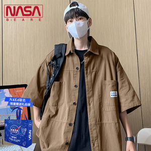 NASA联名纯棉工装短袖开衫衬衫美式多巴胺穿搭盐系男友风夏季外套