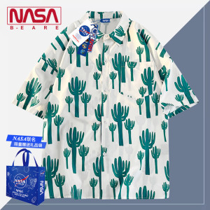 NASA联名仙人掌港风花衬衫男短袖夏冰丝夏威夷海边高级感痞帅衬衣