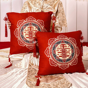 结婚抱枕一对婚庆婚房喜字靠垫红色双喜婚礼客厅沙发十字绣靠背垫
