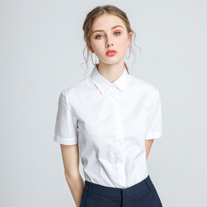 职业纯棉白色衬衫女短袖夏季正装公务员面试工作服气质修身蓝上衣