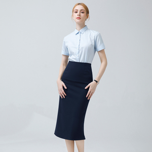 蓝色短袖衬衫女夏季新款职业公务员国考面试正装工作服包臀裙套装